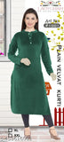 Green velvet winter kurti for ladies, premium soft fabric with side pockets and knee length
