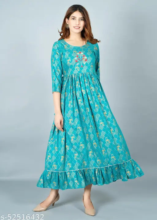 Rayon embroidered Anarkali set, three-quarter sleeves, Indian women's traditional ensemble