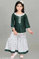 Cotton kurta set with sharara palazzo, embellished A-line design for girls (sizes: 5-6, 6-7, 7-8, 8-9, 9-10). Made in India
