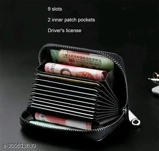 Leather wallet with 9 card slots & 2 money pockets, printed design. Brown leather accessory for everyday use