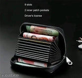 Leather wallet with 9 card slots & 2 money pockets, printed design. Brown leather accessory for everyday use