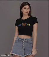 Black cotton blend printed crop top for girls and women, featuring butterflies