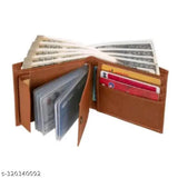 Tan PU men's casual wallet, 8 card slots, durable, compact, solid net design, photo sleeves, perfect gift accessory for men