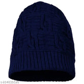 Blue woolen beanie cap, self-design pattern for men and women, stylish SLIMSHINE accessory from India