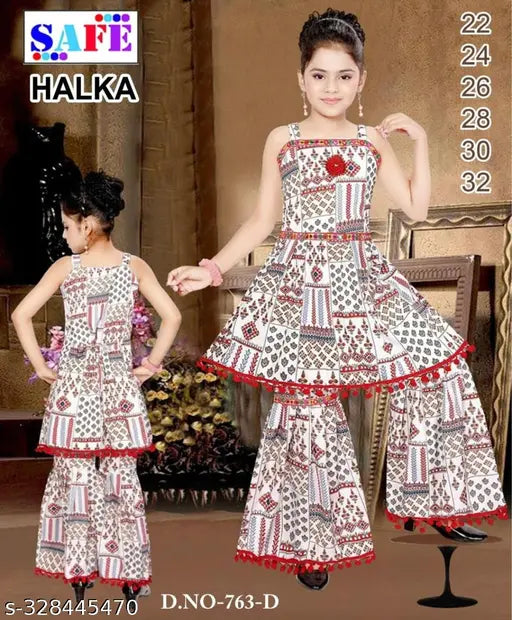 Cotton blend, printed A-line sharara set for girls (12-10 years), Indian ethnic fashion