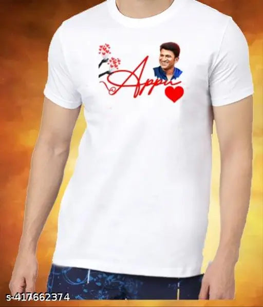 White Lycra short-sleeve Appu Ji t-shirt with printed design, made in India