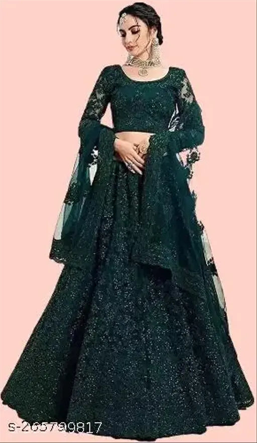 Embroidered acrylic lehenga set with net dupatta, India-origin semi-stitched heavy lehenga (42waist, 46length, 2.2dupatta)