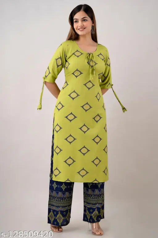 Green rayon floral kurti with printed plazo set for women, ideal for parties and events
