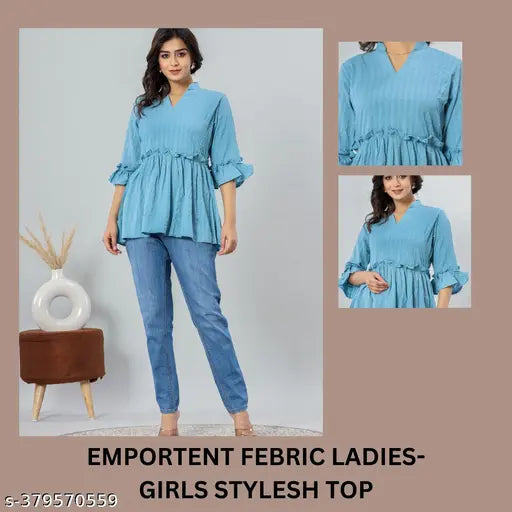 Cotton blend elastic gather top and tunic with ruffle sleeves, solid pattern for women and girls, India origin