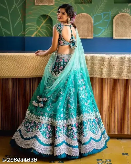 Art Silk lehenga choli set for bridal wear, applique floral patterns on semi-stitched garment, made in India