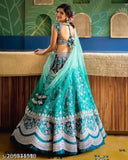 Art Silk lehenga choli set for bridal wear, applique floral patterns on semi-stitched garment, made in India
