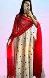 Red georgette printed net gown with short sleeves, available in sizes S-XXL. Indian fashion apparel