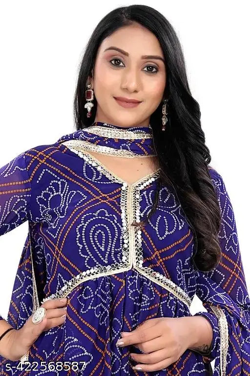 Georgette, heavy weight Less Bandhi Aaliya gown with less border dupatta set in Indian print, long sleeves
