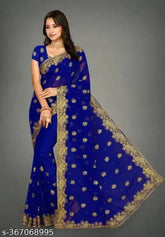 Embroidered Georgette saree with Bangalore silk blouse, single Fancy Latest New Design Zari Embroidery Work, ideal for Indian party wear