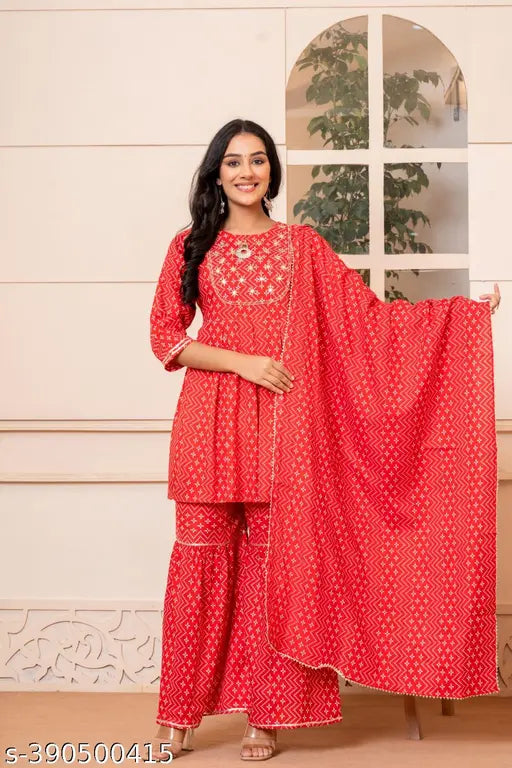 Red Rayon Kurta Set with Sharara & Dupatta: Elegant Indian women's outfit for occasions, featuring intricate embroidery