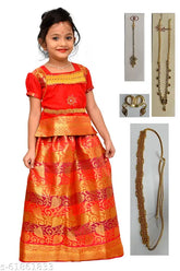 Art Silk printed Lehenga, Pattu Pavadi set with belt, tikka, chain and earrings, Indian traditional wear for toddlers" (109 characters)
