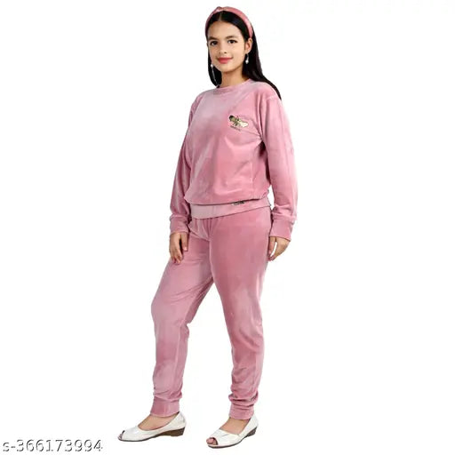 Woolen girl night suit set: Solid pattern full sleeve sweatshirt and pants, 2-piece clothing for children aged 8-13 years (made in India)