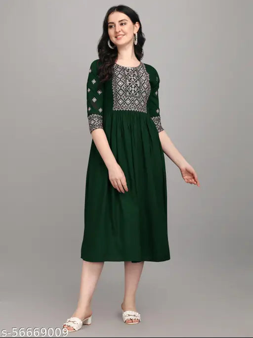 Rayon embroidered three-quarter sleeve kurti, single size S (36in bust), ideal for all seasons, made in India