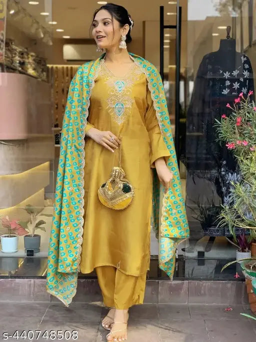 Embroidered Chanderi Viscose Kurti PantDupatta set in Solid colors, Indian-origin ethnic outfit with three-quarter sleeves