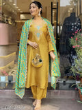 Embroidered Chanderi Viscose Kurti PantDupatta set in Solid colors, Indian-origin ethnic outfit with three-quarter sleeves