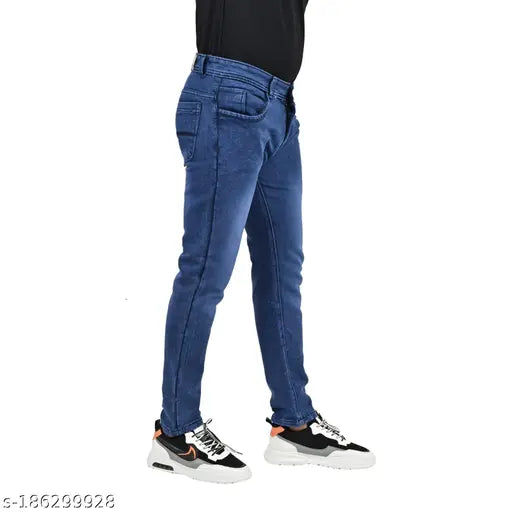 Blue denim jeans for men and boys by VKreation - Solid, trendy style, suitable for various occasions. Hand wash only. Branded denim jeans from India (Size 26/waist 28, length 40, hip 11; Size 30/waist 30, length 40, hip 12; Size 32/waist 32, length 40, hip 13)