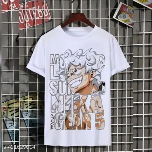 Anime lover's polycotton round neck T-shirt, featuring Luffy from One Piece. Kids size XS-XL, printed design on short sleeves
