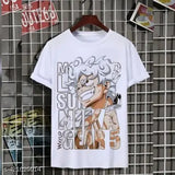 Anime lover's polycotton round neck T-shirt, featuring Luffy from One Piece. Kids size XS-XL, printed design on short sleeves