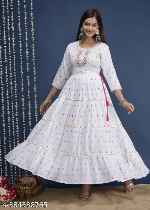 Rayon embroidery printed gown, three-quarter sleeves, women's fashion, Indian design