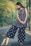 Black Rayon-Viscose Sharara Set with Kurta & Dupatta - Traditional Indian fashion, printed net design, sleeveless kurta, elastic waistband sharara, perfect comfort and style