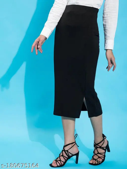 Black polyester pencil skirt with side, solid design for women's wardrobe. Sizes: 26 (waist 26in, length 32in, hip 32in), 28 (waist 28in, length 32in, hip 34in), 30 (waist 30in, length 32in, hip 36in), 32 (waist 32in, length 32in, hip 38in), 34 (waist 34in, length 32in, hip 40in). Made in India