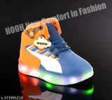Stylish orange and blue LED light synthetic leather shoes for kids, breathable and durable, ideal for parties or casual wear with velcro fastening and embellished net pattern