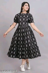 Classy black rayon kurta with printed combo, short sleeves, and XS-XXXL sizes