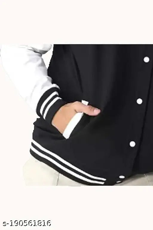 Black printed net women's Bomber or Varsity Jacket with stand collar, 2 side pockets, long sleeves, and ribbed cuffs, made from high-quality fleece fabric