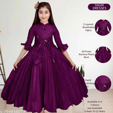 Cotton blend long party frock for girls, three-quarter sleeves, hand-stitched with glossy stones and artificial flowers, available in sizes from 6-12 years (India)