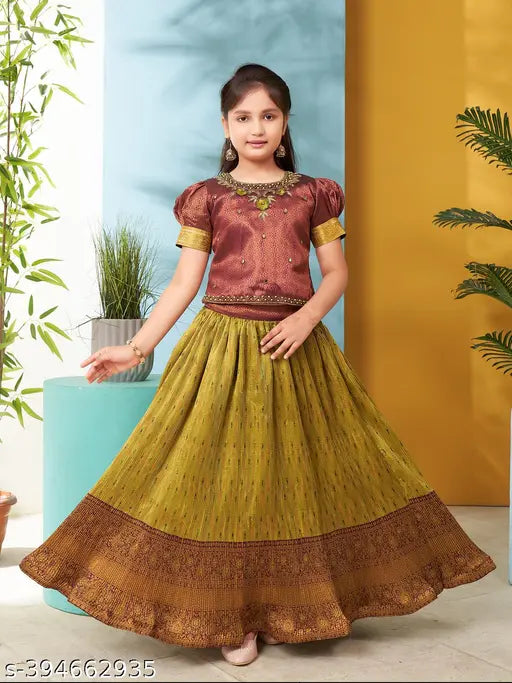 Silk embroidered lehenga cholis for girls, brocade fabric with lace work, maroon and green hand-embroidered party wear by Aarika, India