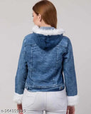 Denim cap fur jacket, solid pattern, long sleeves, women's winter wear, India-made