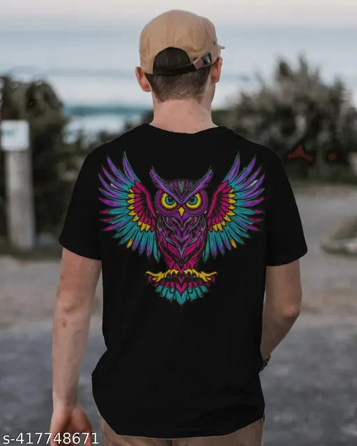 Mens black cotton t-shirt with owl print front/back, premium print & fabric. Black cotton t-shirt for men and boys, durable, odorless, anti-fade, lightweight, easy to maintain. Great with jeans or other trousers. Made in India