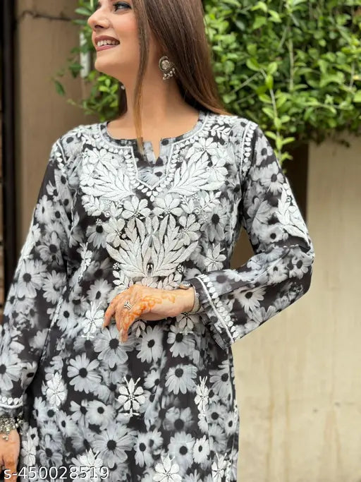 Black cotton chikankari printed kurta and palazzos, intricate floral print on long-sleeve outfit for women