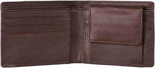 Brown PU men's wallet, solid pattern, 5 compartments, free size (12cm x 5cm), additional photo & card sleeves, durable leather feel, compact, lightweight, portable, perfect gift for men, made in India