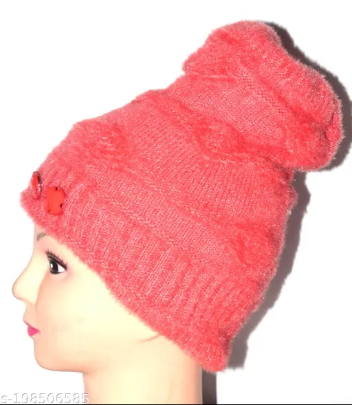 Woolen cap WQ2, solid design for women & girls, fur-lined interior, handmade Indian winter accessory