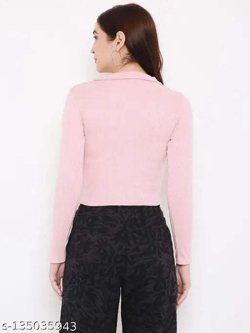 Pink polyester women's full sleeve tank top, solid ribbed design in vibrant pink color