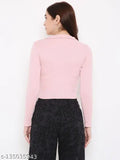 Pink polyester women's full sleeve tank top, solid ribbed design in vibrant pink color