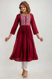 Embroidered rayon women's long kurta, three-quarter sleeves, festival wear