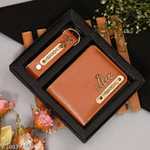 Faux leather/leatherette customizable 2-compartment wallet keychain combo, free size (7cm x 7cm), personalized with your details, made in India
