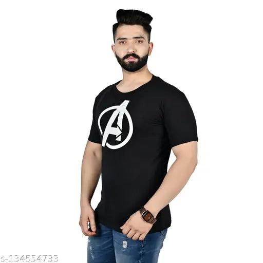 Black Avengers printed cotton round neck half sleeve men's shirt, stylish fashionable partywear