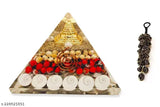 Red & white chirmi seed adorned GEMTUB Natural Orgone Gomti Chakra Shree Yantra Pyramid with black tourmaline hanger - Feng Shui wealth, prosperity, success symbol from India" (109 characters)