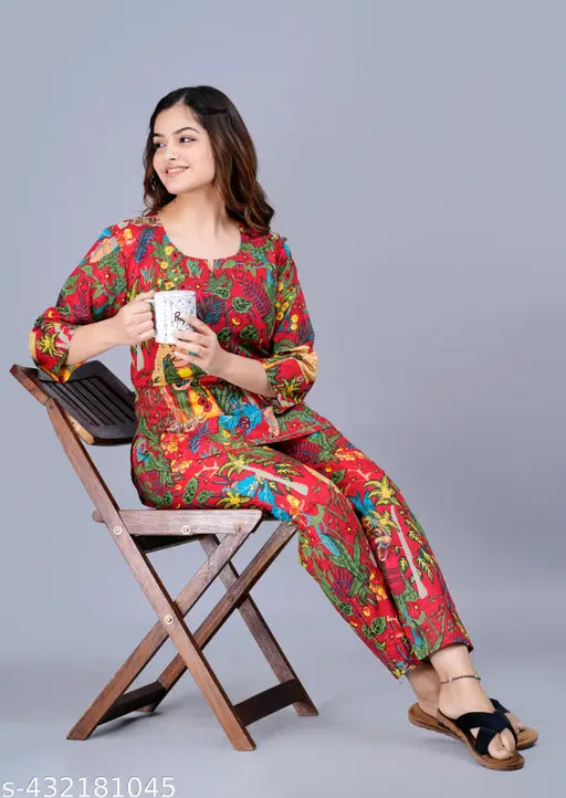 Vibrant Tropical Print Pajama Set, 100% Pure Cotton, Relaxed Fit with Drawstring Waist