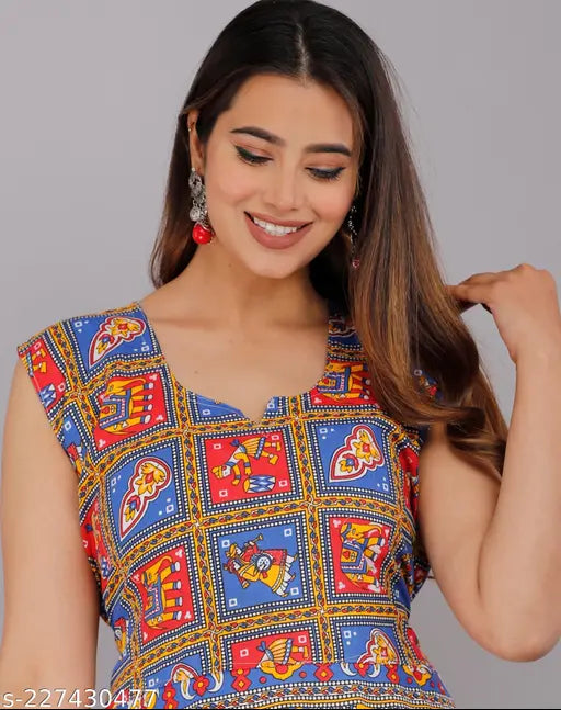 Multicolor blue printed cotton kurti set for women, relaxed fit with sleeveless design and scoop neckline. Made in India