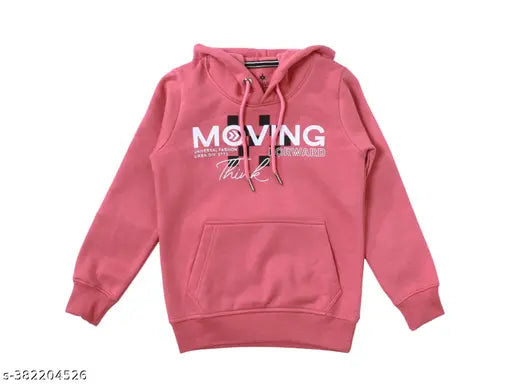 Pink cotton blend hoodie for kids with long sleeves and printed net pattern, suitable for ages 3-4 years (chest size: 14 in, length size: 19 in), made in India