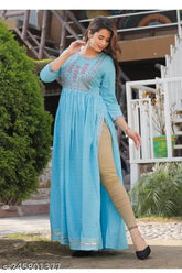 Blue rayon Reyon Nayara kat traditional embroidered kurti with three-quarter sleeves, available in sizes S-XXL (UK)